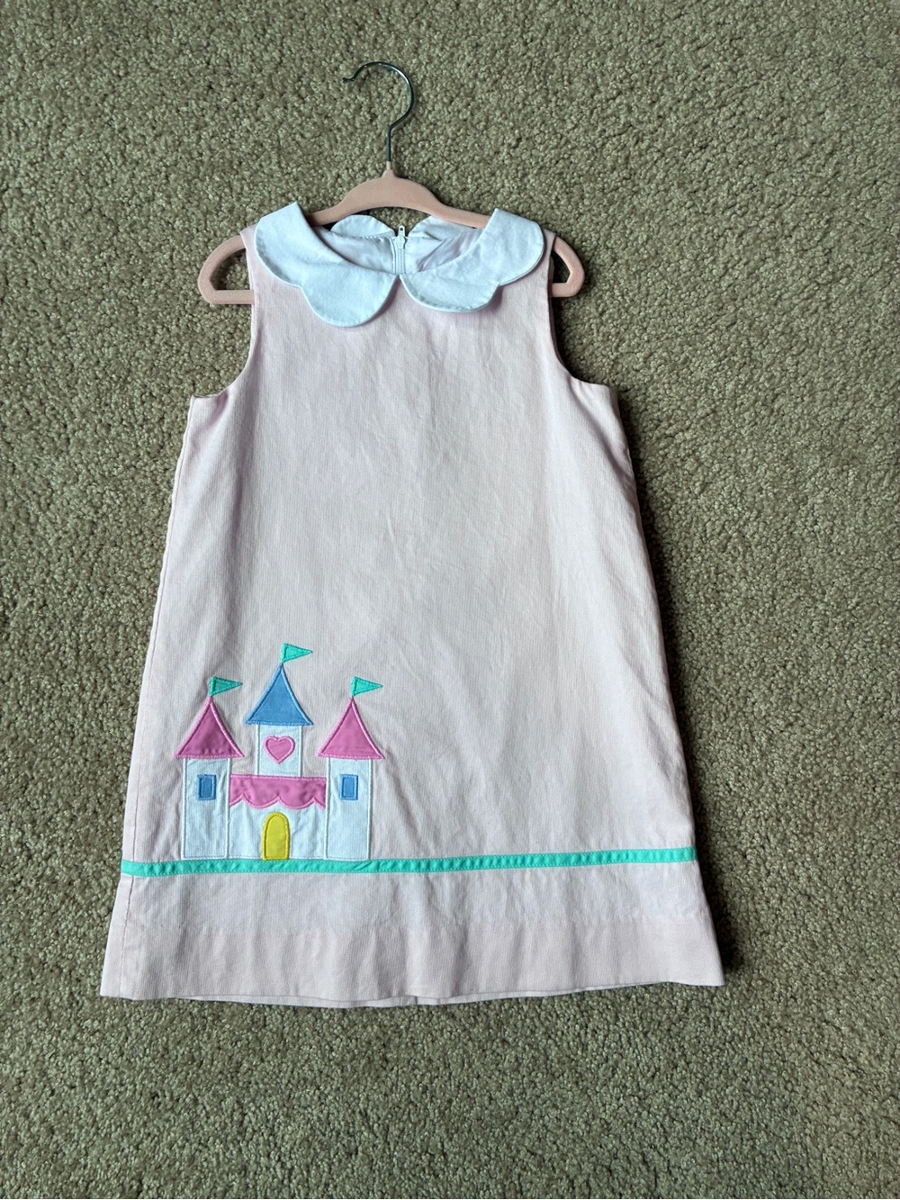 Florence Eiseman'Pink Castle Appliqué Dress with White Peter Pan Collar